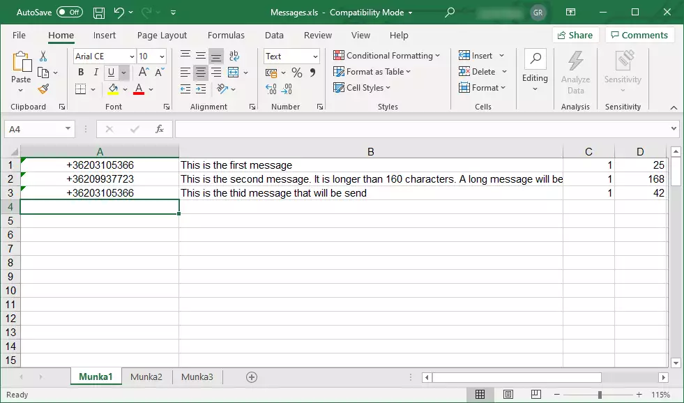excel file contains the sms messages