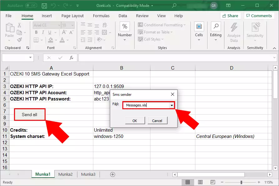 select the excel file with the sms message