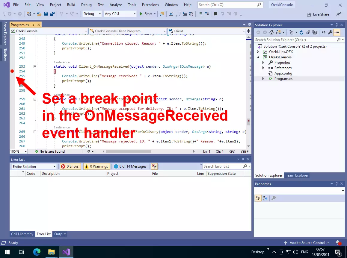 set a breakpoint in the on sms received event