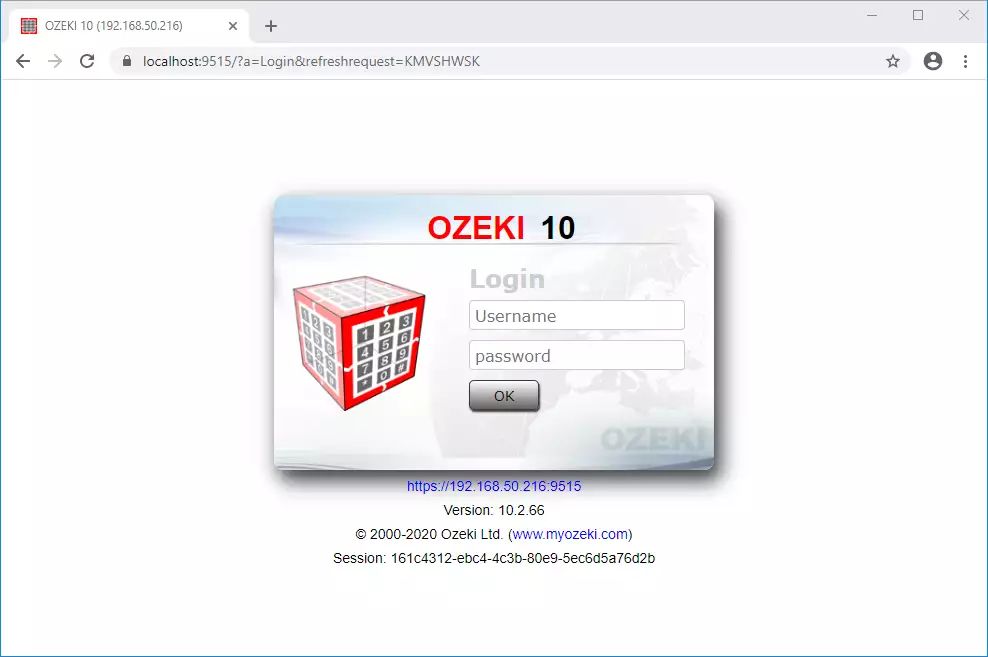 the login form of ozeki sms gateway