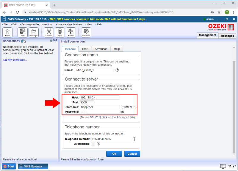 specifying the smpp server settings