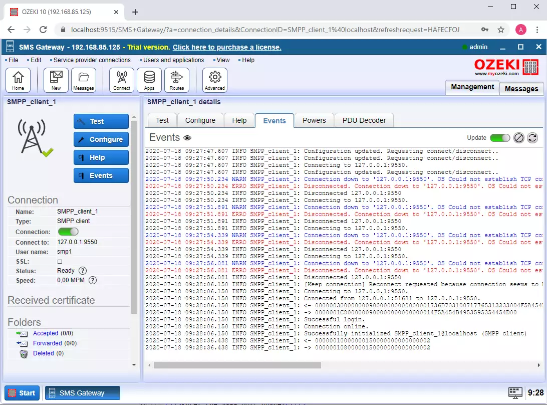 view the SMPP client connection log
